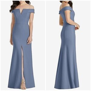NWT Dessy Collection Off The Shoulder Trumpet Gown Bridesmaid Dress Larkspur 0